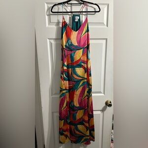 Nicole Miller Teal Satin Halter Dress with Multicolor Accents